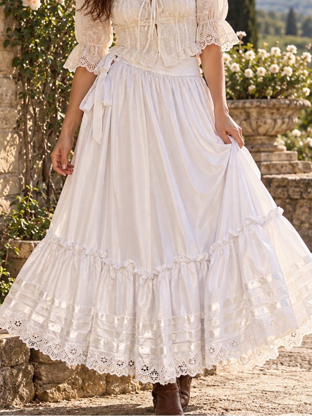 Vintage White Satin Lace Maxi Skirt Romantic Victorian Prairie Petticoat